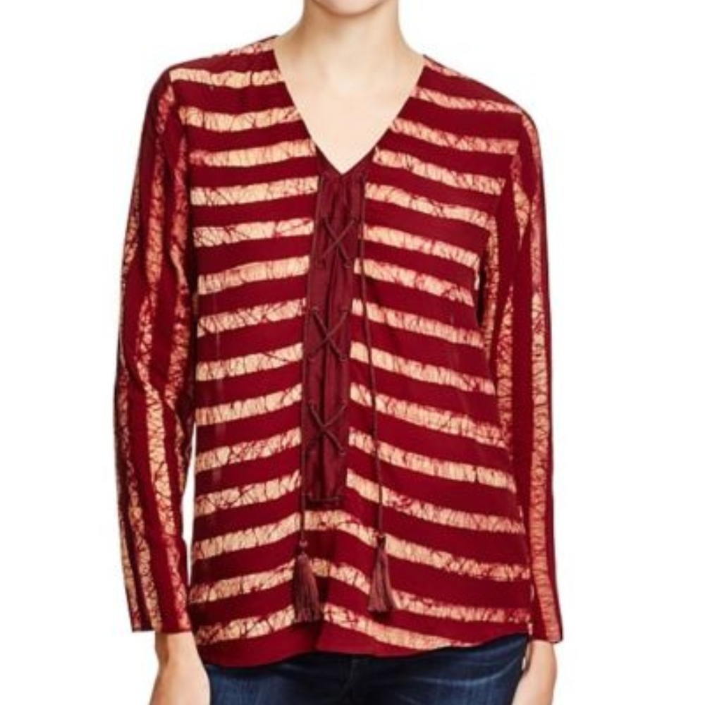Pepin Gretchen V-neck Lace-Up Stripe Blouse Red